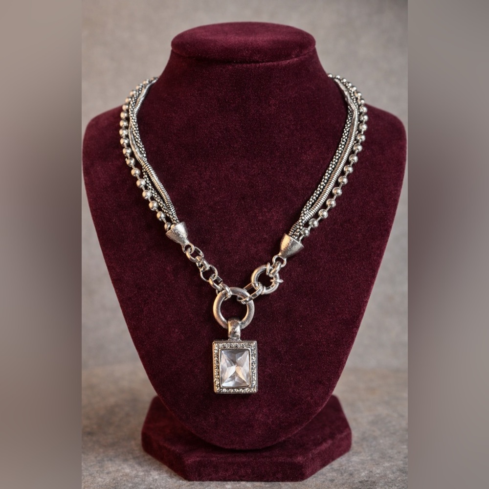 Chic Chunky Silver Necklace with a Rectangular Crystal Pendant.